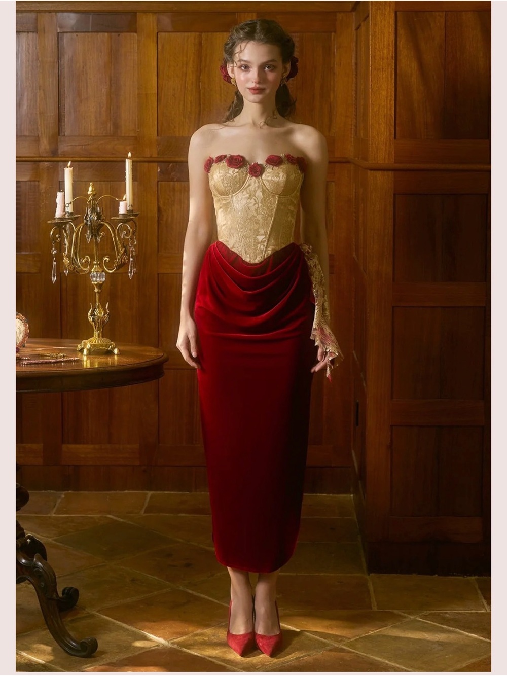 Gold Corset dress with Red Velvet Skirt